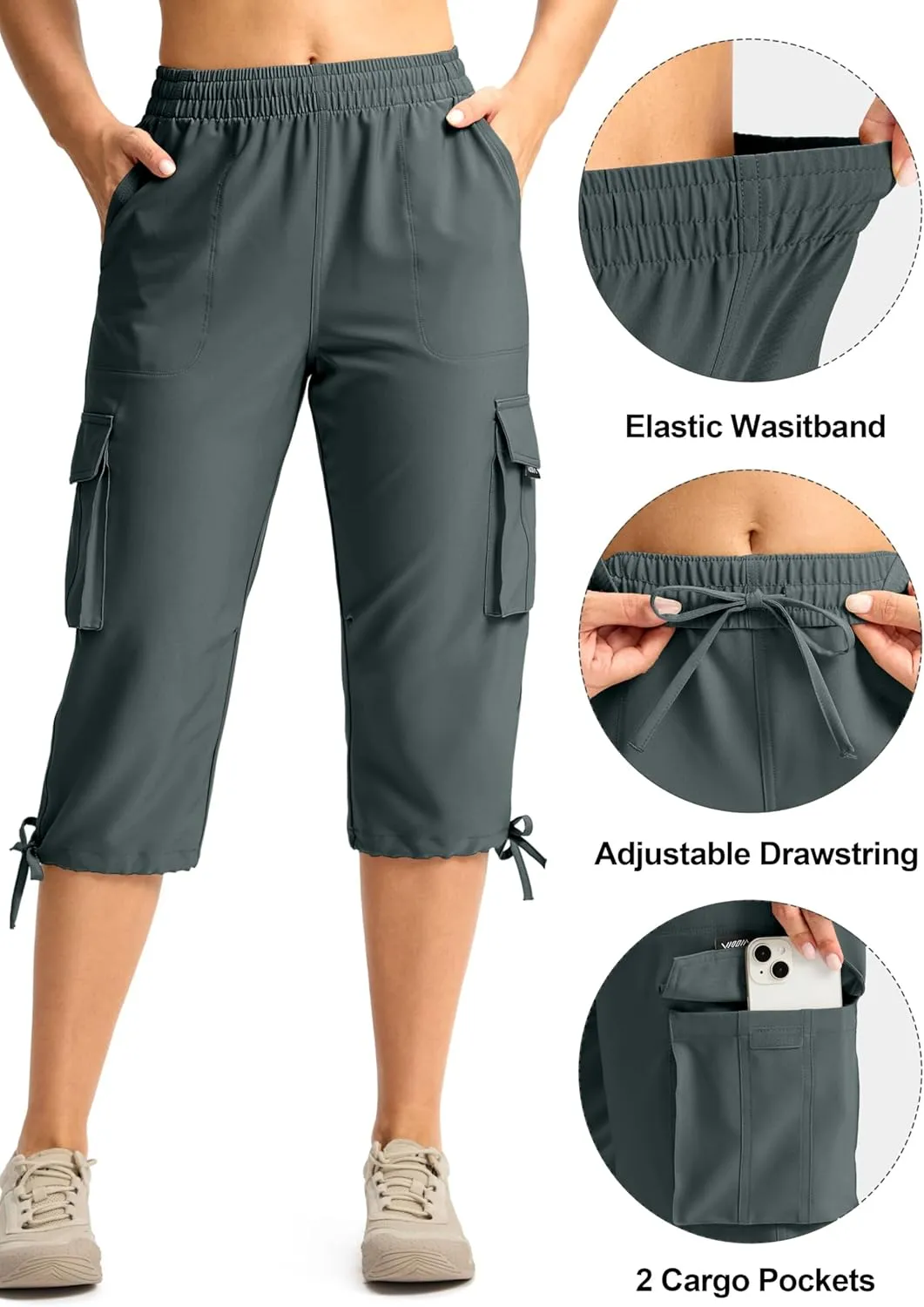 Viodia Cargo Capris for Women Lightweight Hiking Pants Stretch Elastic Waist Capri with Pockets for Summer Travel