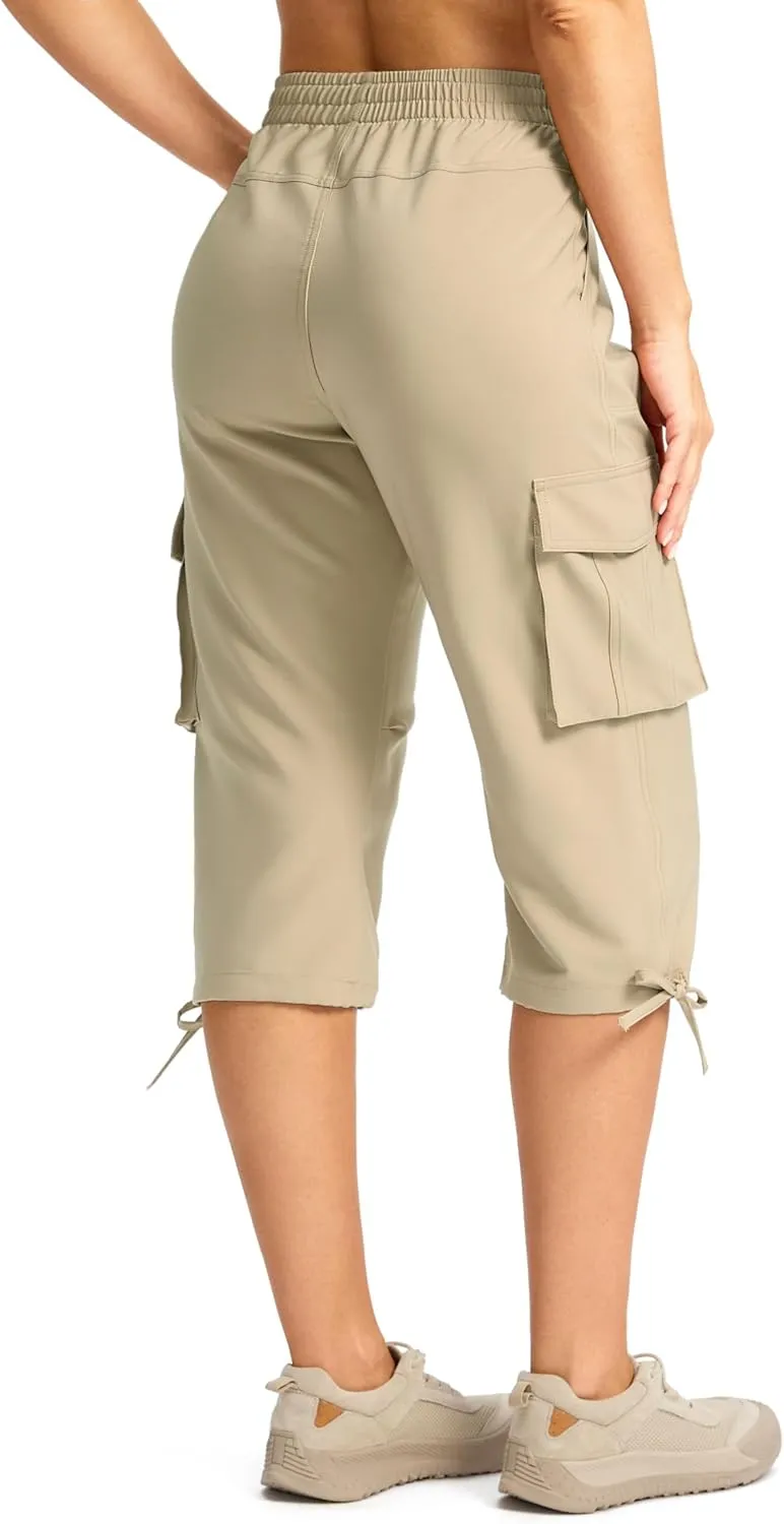 Viodia Cargo Capris for Women Lightweight Hiking Pants Stretch Elastic Waist Capri with Pockets for Summer Travel