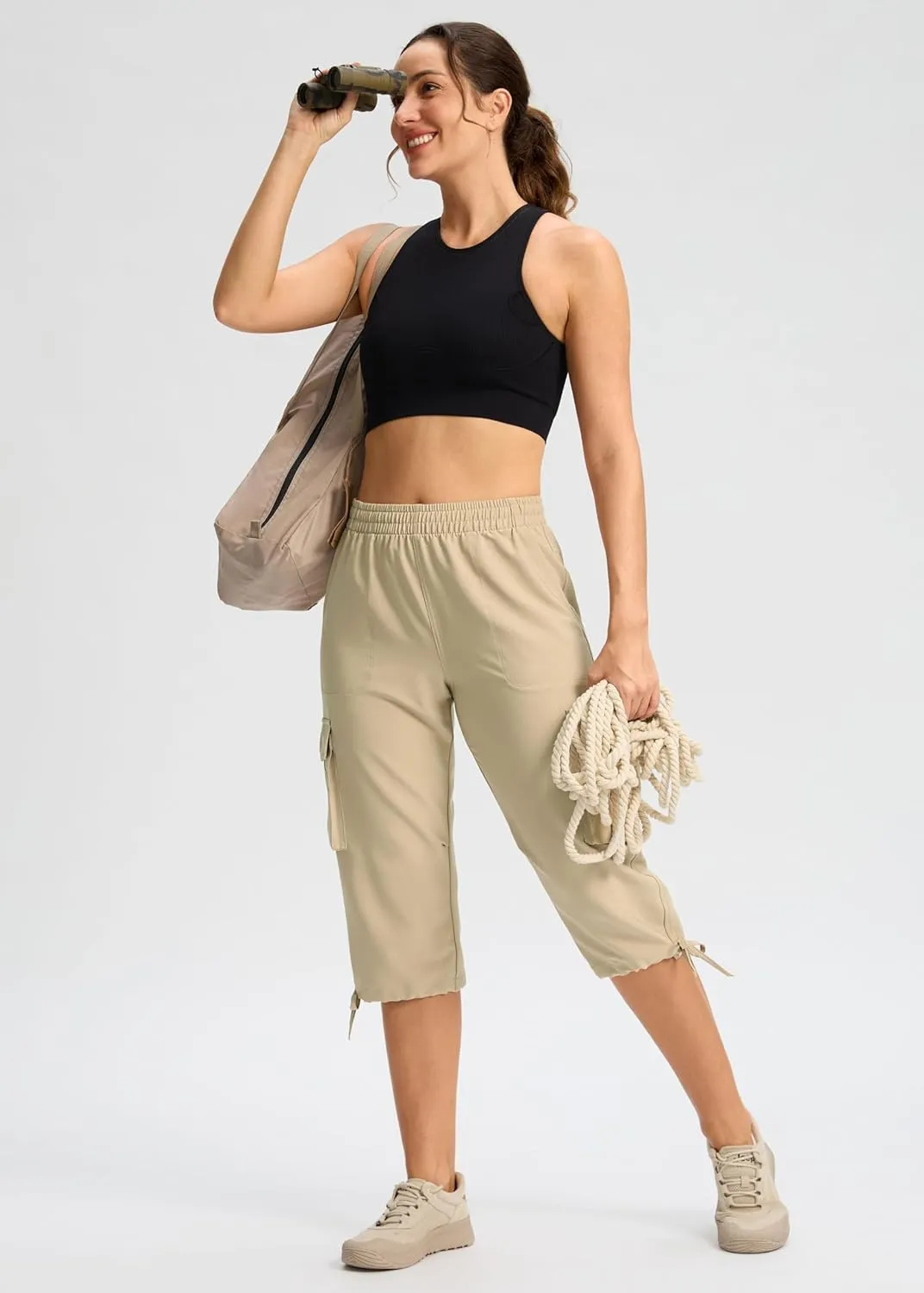 Viodia Cargo Capris for Women Lightweight Hiking Pants Stretch Elastic Waist Capri with Pockets for Summer Travel