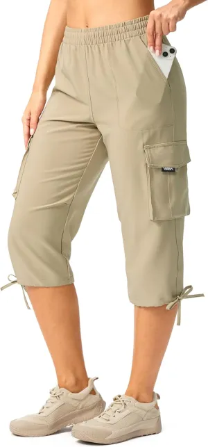 Viodia Cargo Capris for Women Lightweight Hiking Pants Stretch Elastic Waist Capri with Pockets for Summer Travel