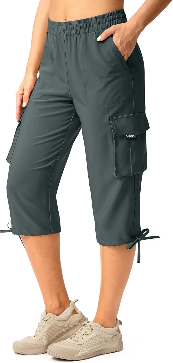 Viodia Cargo Capris for Women Lightweight Hiking Pants Stretch Elastic Waist Capri with Pockets for Summer Travel