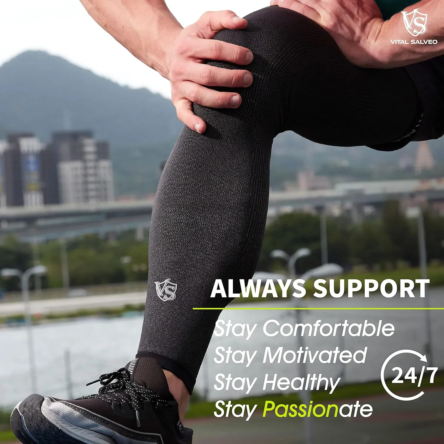 Vital Salveo Germanium Recovery Compression Sports Full Leg Sleeve Length Thigh Calf Long Knee Sleeve Support Tight Basketball Men Women Dark Grey(1 PC) Small