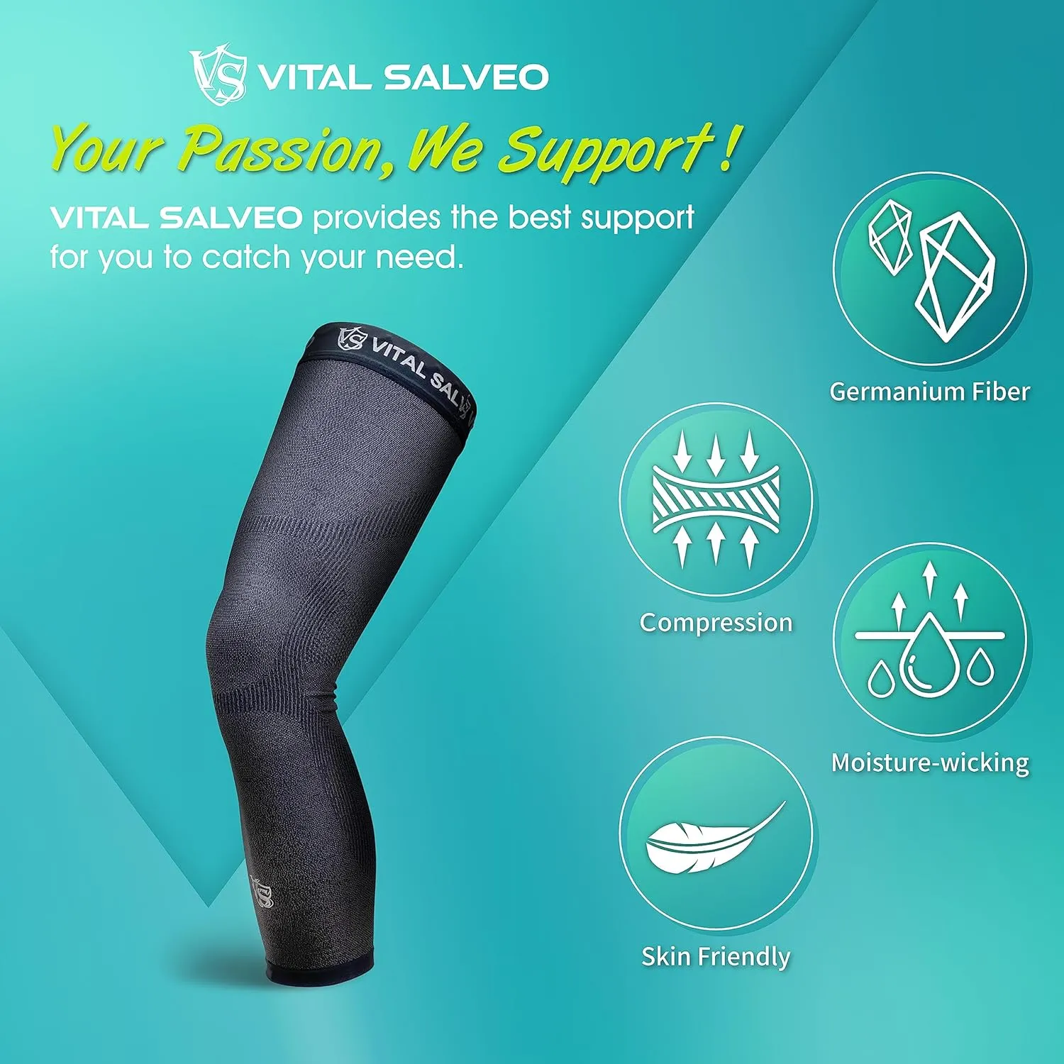 Vital Salveo Germanium Recovery Compression Sports Full Leg Sleeve Length Thigh Calf Long Knee Sleeve Support Tight Basketball Men Women Dark Grey(1 PC) Small