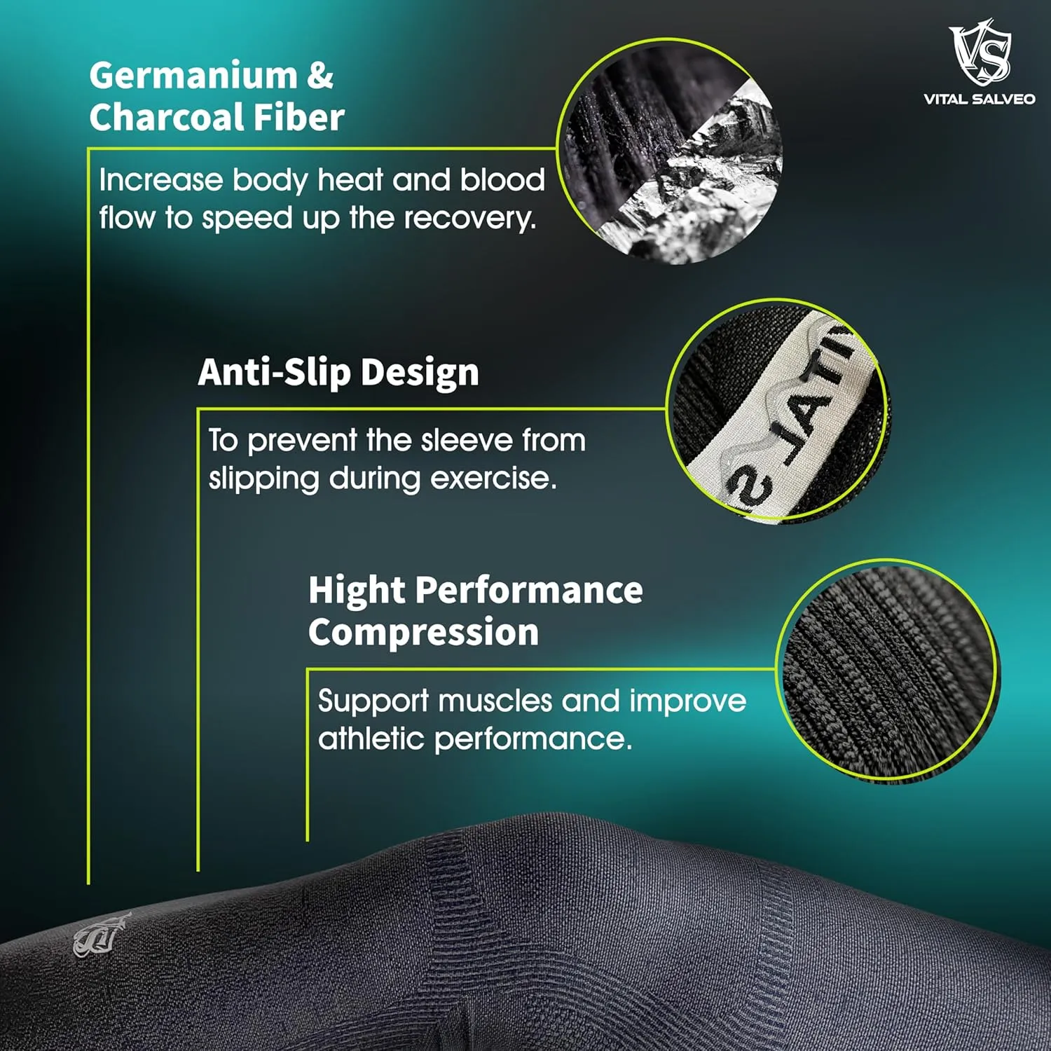 Vital Salveo Germanium Recovery Compression Sports Full Leg Sleeve Length Thigh Calf Long Knee Sleeve Support Tight Basketball Men Women Dark Grey(1 PC) Small