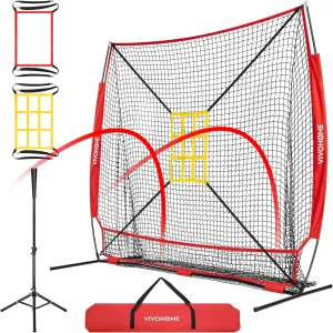 VIVOHOME Baseball Softball Hitting Net with Large Ball Collection System, 7 x 7 ft Baseball Batting Pitching Net with Tee, 2 Strike Zone, Carry Bag