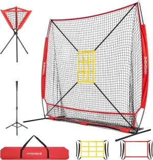 VIVOHOME Baseball Softball Hitting Net with Large Ball Collection System, 7 x 7 ft Baseball Batting Pitching Net with Tee, 2 Strike Zone, Carry Bag