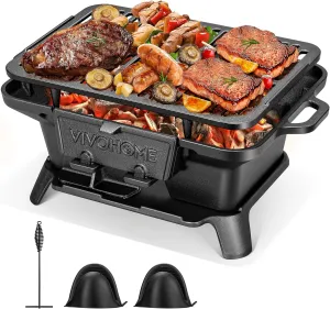 VIVOHOME Rectangle Cast Iron Charcoal Grill with Double-Sided Grate, Portable Outdoor BBQ Grill, Compact Tabletop Grill Stove （Note: The charcoal grid is made of stainless steel, not cast iron）