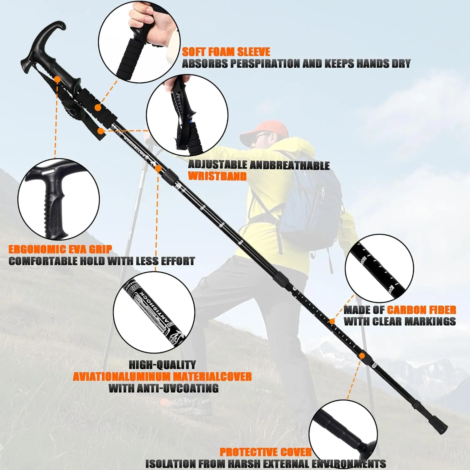 Walking Stick for Hiking, Adjustable Hiking Poles Lightweight for Men, Women and Kids, Walking Canes for Seniors Balance, Aluminum Trekking Poles Use for Travel, Skiing, Hiking, Mountaineering