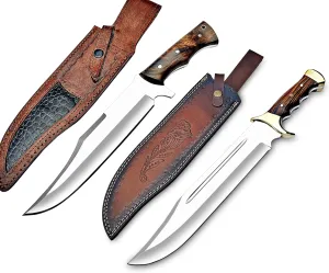 Warivo Handmade D2 Steel Knife Bundle - 18-Inch Large Bowie & 14-Inch Compact Bowie, Full Tang Fixed Blade Hunting Knives with Rosewood Handle & Leather Sheath - Perfect for Camping, Hiking, Survival,