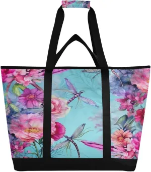 Watercolor Dragonflies Reusable Insulated Lunchbox Cooler Bag, Leakproof Kitchen Grocery Bag Collapsible Portable Cooler Tote Bag for Picnic, Camping, Office, Travel