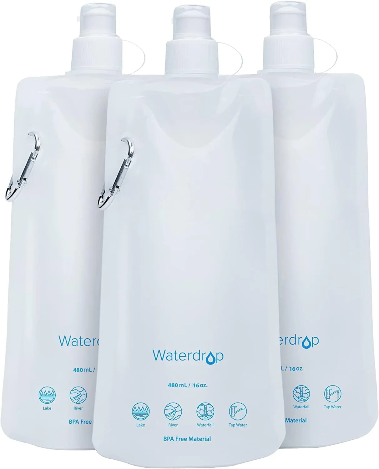 Waterdrop 16 oz Collapsible Water Pouch, Pack of 3, Hiking, Camping, Travel, BPA-Free, Reusable, Foldable