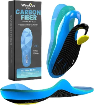 Welnove Carbon Fiber Sport Insoles with Arch Support, Shock Absorbing Performance Insoles for High Impact Sport- Increased Performance,Injury Protection- for Roomy Fit - 12.5-14 Men