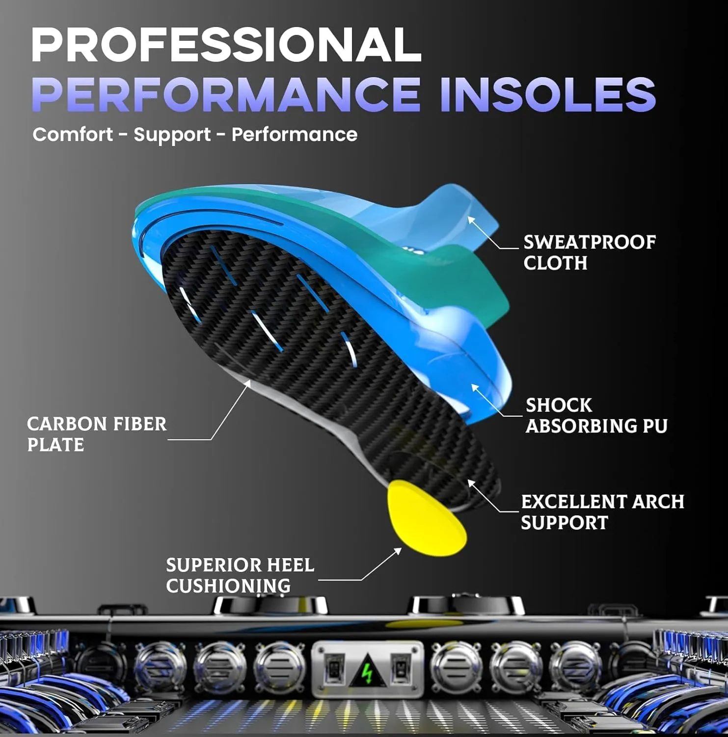 Welnove Carbon Fiber Sport Insoles with Arch Support, Shock Absorbing Performance Insoles for High Impact Sport- Increased Performance,Injury Protection- for Roomy Fit - 12.5-14 Men