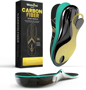 Welnove Carbon Fiber Sports Insoles with Arch Support | NOT for Cleats,Shock Absorbing & Energy Return Insoles for Running, Basketball, Pickball | Injury Prevention & Performance Enhancement-M,Gold