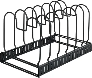 WENKO Pan Storage and Lid Holder, Telescopic Storage for Cupboards with 6 Compartments for Frying Pans and Lids, Cutting Board, Metal, 30-57 x 18 x 18 cm, Black