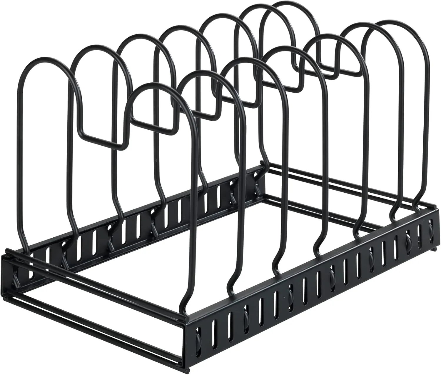 WENKO Pan Storage and Lid Holder, Telescopic Storage for Cupboards with 6 Compartments for Frying Pans and Lids, Cutting Board, Metal, 30-57 x 18 x 18 cm, Black