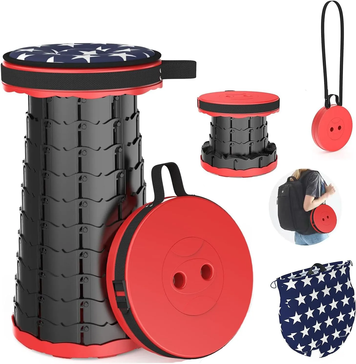 WESAPPINC Upgraded Collapsible Stool, Lightweight & Sturdy,Max 400lbs Portable Retractable Telescoping Stool Foldable Camping Stool for Adults Outdoor Hiking Garden BBQ Fishing (Black Red)