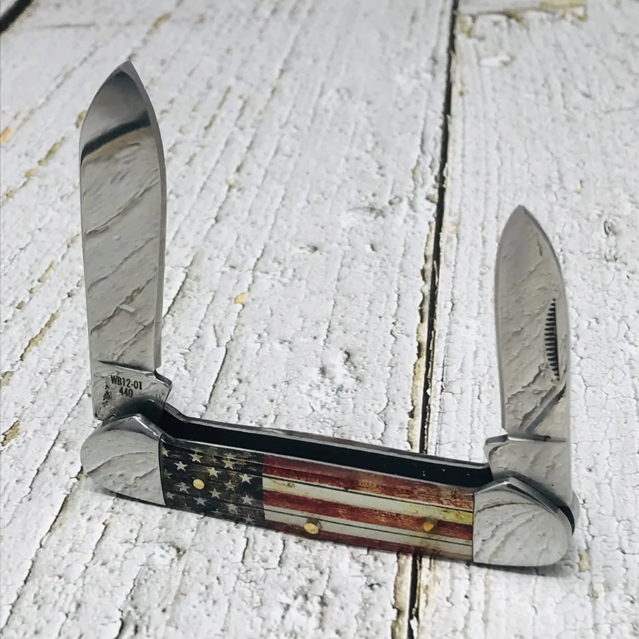 WHISKEY BENT HAT CO. Traditional Canoe Folding Knife 3.63" Closed Length 440C Stainless Steel Blades (Patriot)