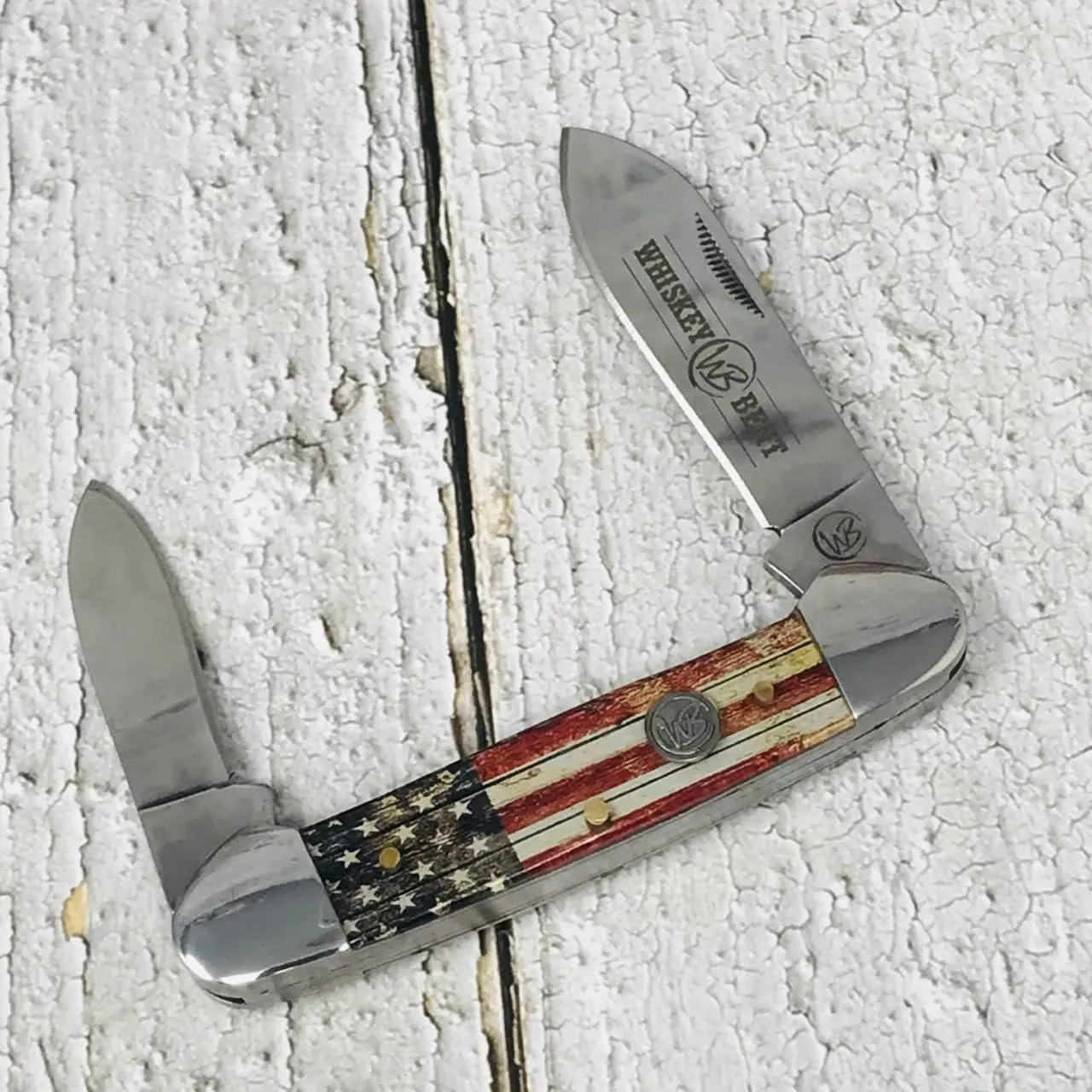 WHISKEY BENT HAT CO. Traditional Canoe Folding Knife 3.63" Closed Length 440C Stainless Steel Blades (Patriot)
