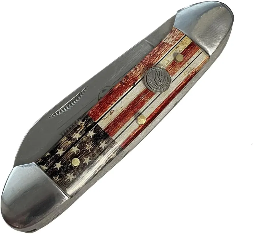 WHISKEY BENT HAT CO. Traditional Canoe Folding Knife 3.63" Closed Length 440C Stainless Steel Blades (Patriot)