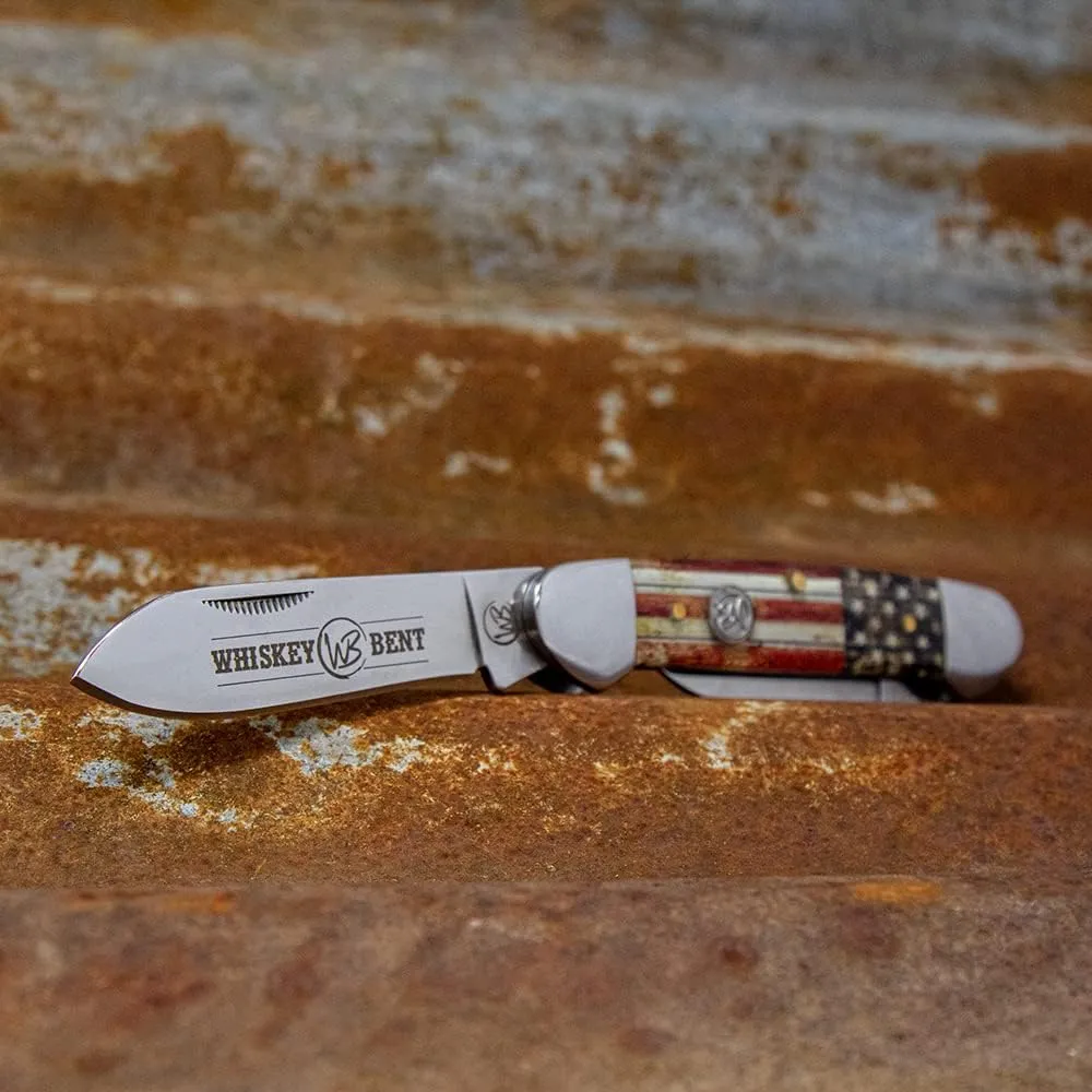 WHISKEY BENT HAT CO. Traditional Canoe Folding Knife 3.63" Closed Length 440C Stainless Steel Blades (Patriot)