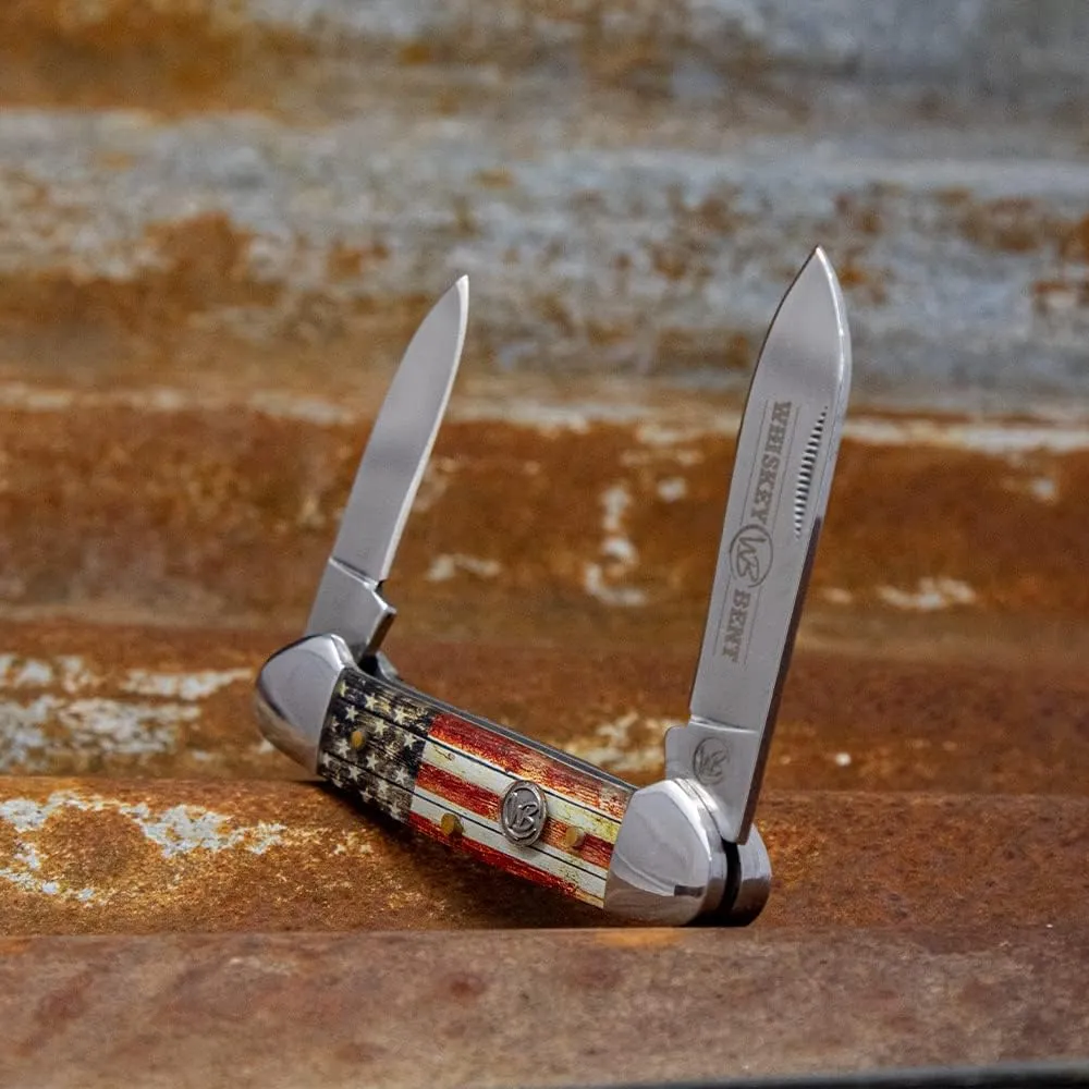 WHISKEY BENT HAT CO. Traditional Canoe Folding Knife 3.63" Closed Length 440C Stainless Steel Blades (Patriot)