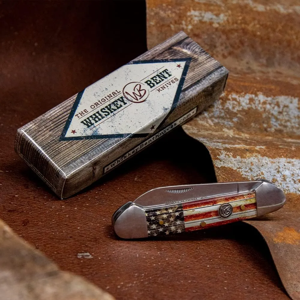 WHISKEY BENT HAT CO. Traditional Canoe Folding Knife 3.63" Closed Length 440C Stainless Steel Blades (Patriot)