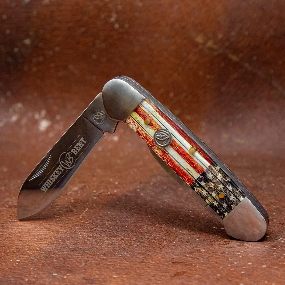 WHISKEY BENT HAT CO. Traditional Canoe Folding Knife 3.63" Closed Length 440C Stainless Steel Blades (Patriot)