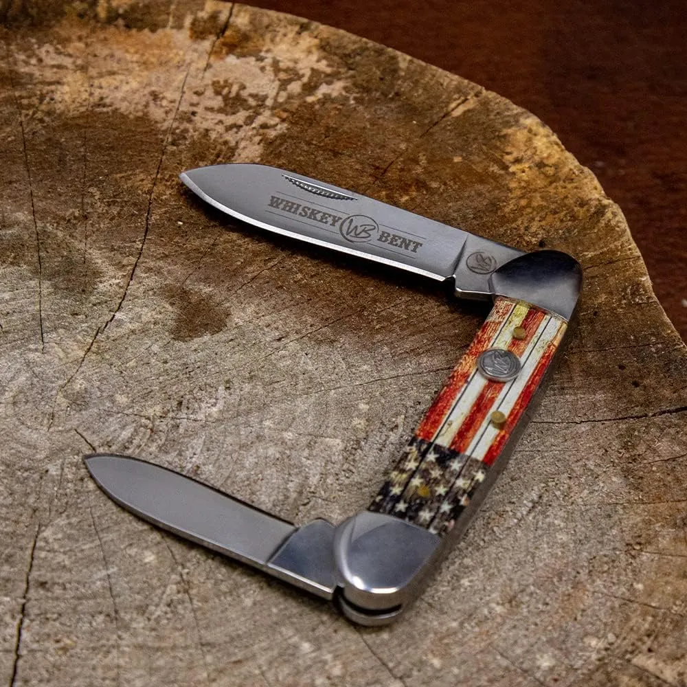 WHISKEY BENT HAT CO. Traditional Canoe Folding Knife 3.63" Closed Length 440C Stainless Steel Blades (Patriot)