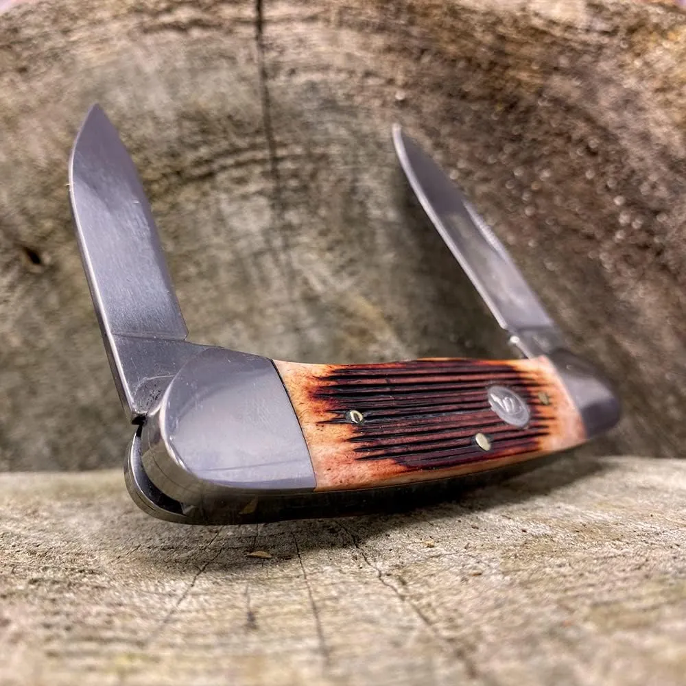 WHISKEY BENT HAT CO. Traditional Canoe Folding Knife 3.63" Closed Length 440C Stainless Steel Blades (Sawmill)