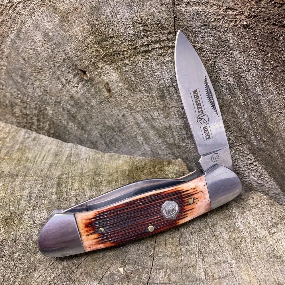 WHISKEY BENT HAT CO. Traditional Canoe Folding Knife 3.63" Closed Length 440C Stainless Steel Blades (Sawmill)