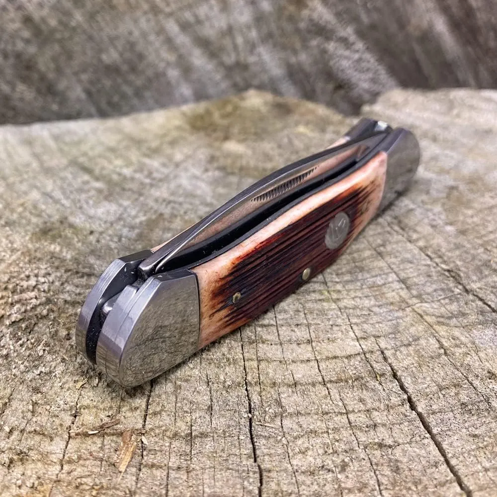 WHISKEY BENT HAT CO. Traditional Canoe Folding Knife 3.63" Closed Length 440C Stainless Steel Blades (Sawmill)