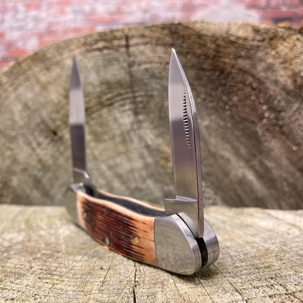 WHISKEY BENT HAT CO. Traditional Canoe Folding Knife 3.63" Closed Length 440C Stainless Steel Blades (Sawmill)