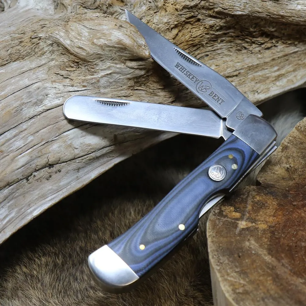 WHISKEY BENT HAT CO. Trapper & Locking Bullcutter Folding Pocket Knife 4.125" Closed Length 440C Stainless Steel Blades (Blue Burst)