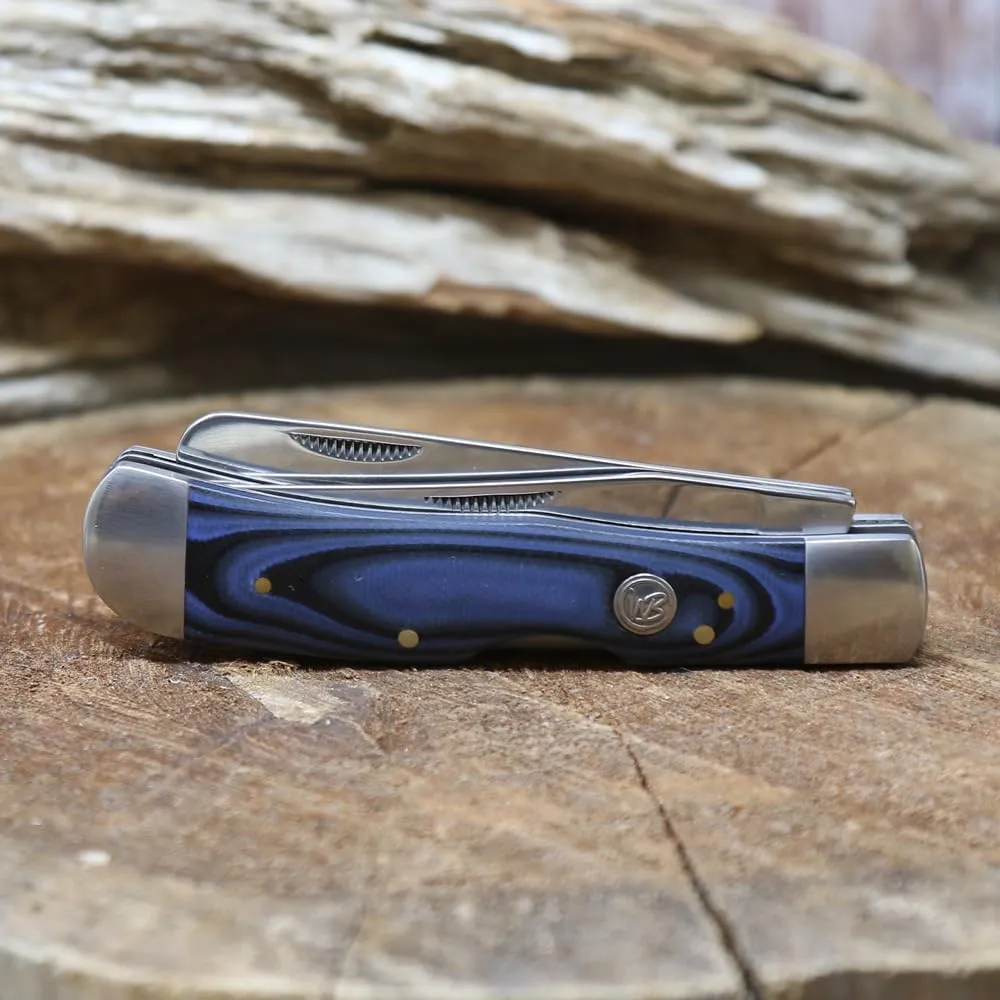 WHISKEY BENT HAT CO. Trapper & Locking Bullcutter Folding Pocket Knife 4.125" Closed Length 440C Stainless Steel Blades (Blue Burst)