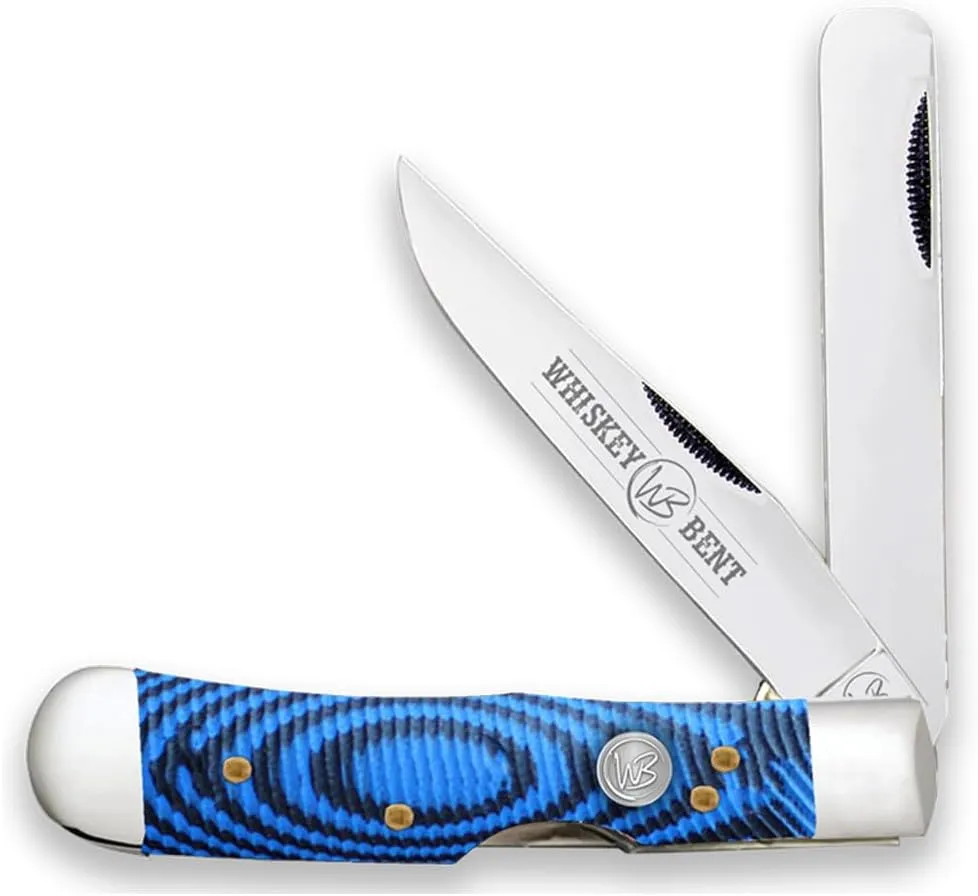 WHISKEY BENT HAT CO. Trapper & Locking Bullcutter Folding Pocket Knife 4.125" Closed Length 440C Stainless Steel Blades (Blue Burst)