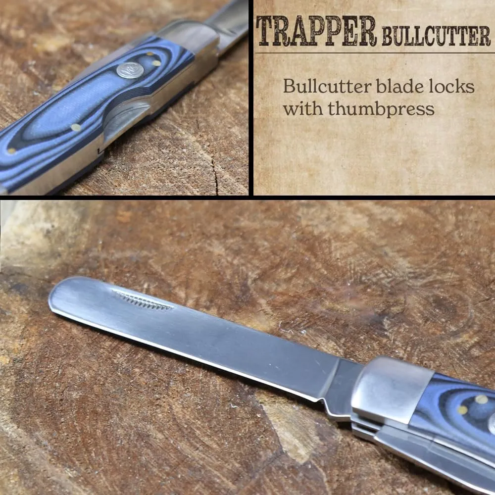 WHISKEY BENT HAT CO. Trapper & Locking Bullcutter Folding Pocket Knife 4.125" Closed Length 440C Stainless Steel Blades (Blue Burst)