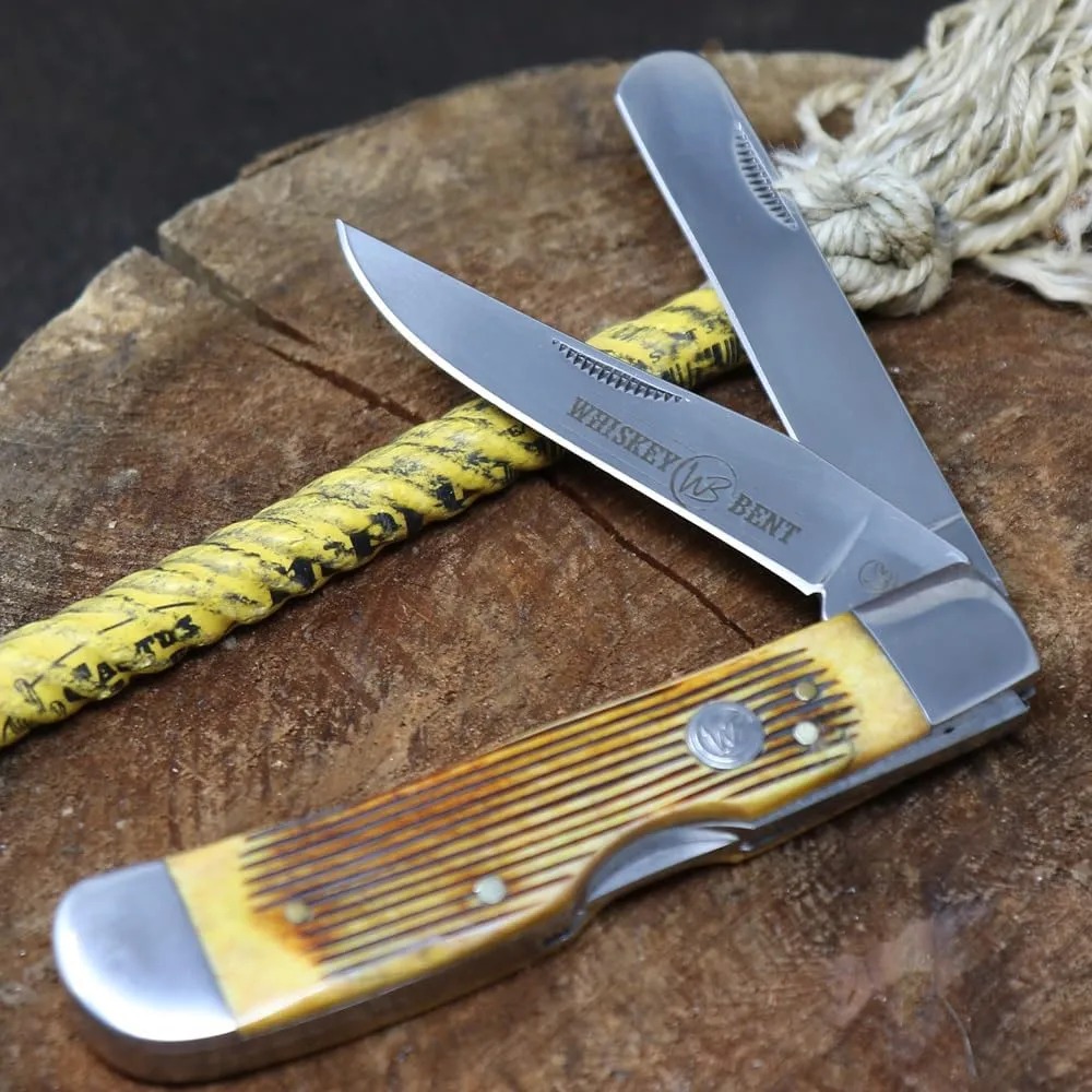 WHISKEY BENT HAT CO. Trapper & Locking Bullcutter Folding Pocket Knife 4.125" Closed Length 440C Stainless Steel Blades (Sawmill)