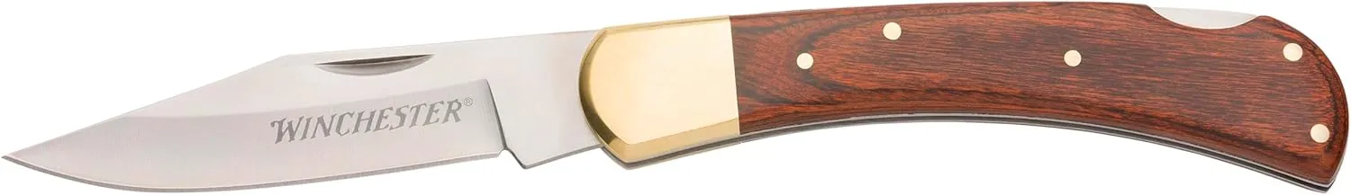 Winchester Knives Large Wood Handle Lock Back Folding Knife for Hunting and Camping; 8.8 inch Length and Includes Pocket Clip
