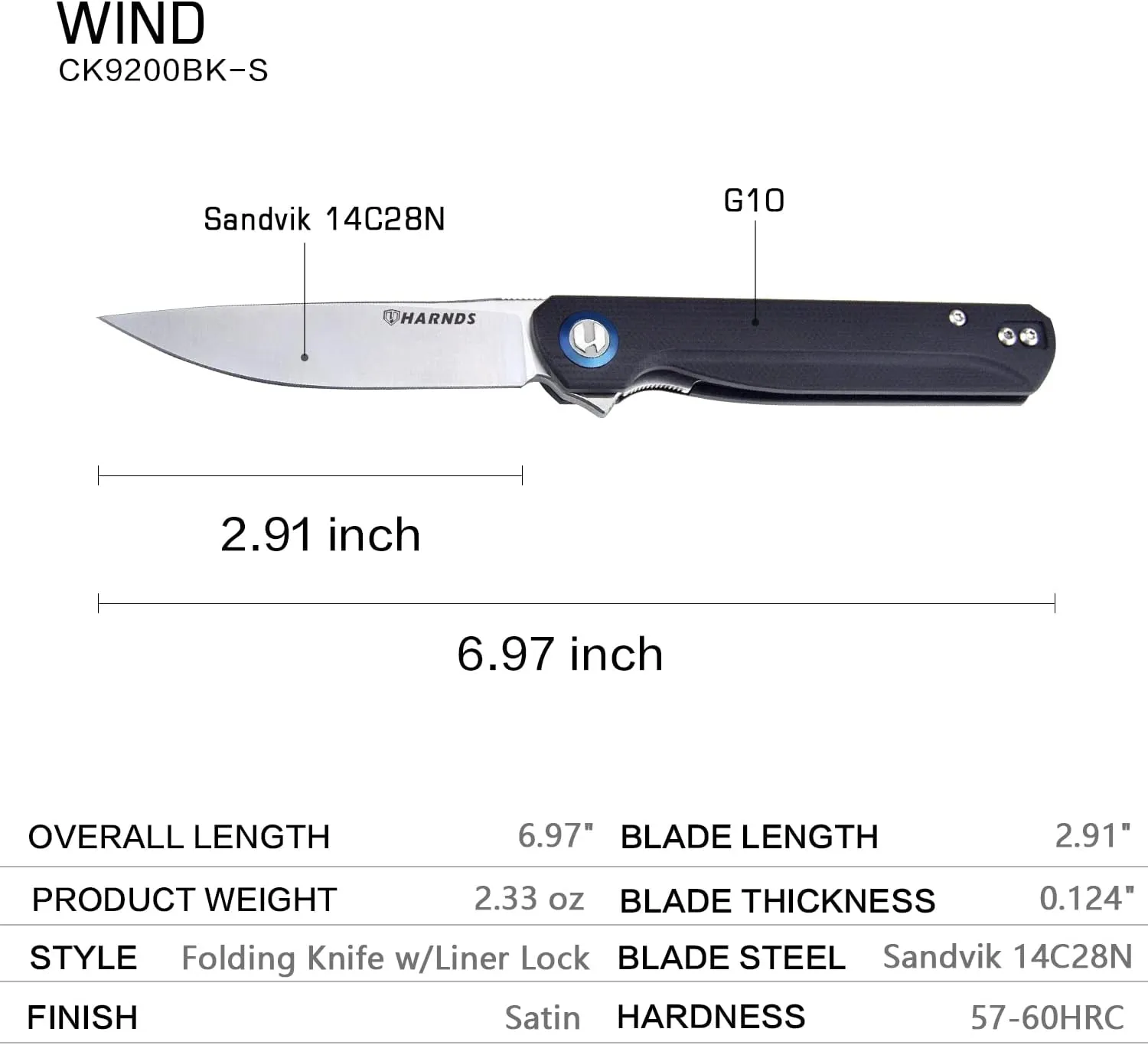 Wind Pocket Knife Flipper Sandvik Steel G10 Handle Folding Knife Ball Bearing with 2-Position Clip for Camping Survival and EDC (Black)