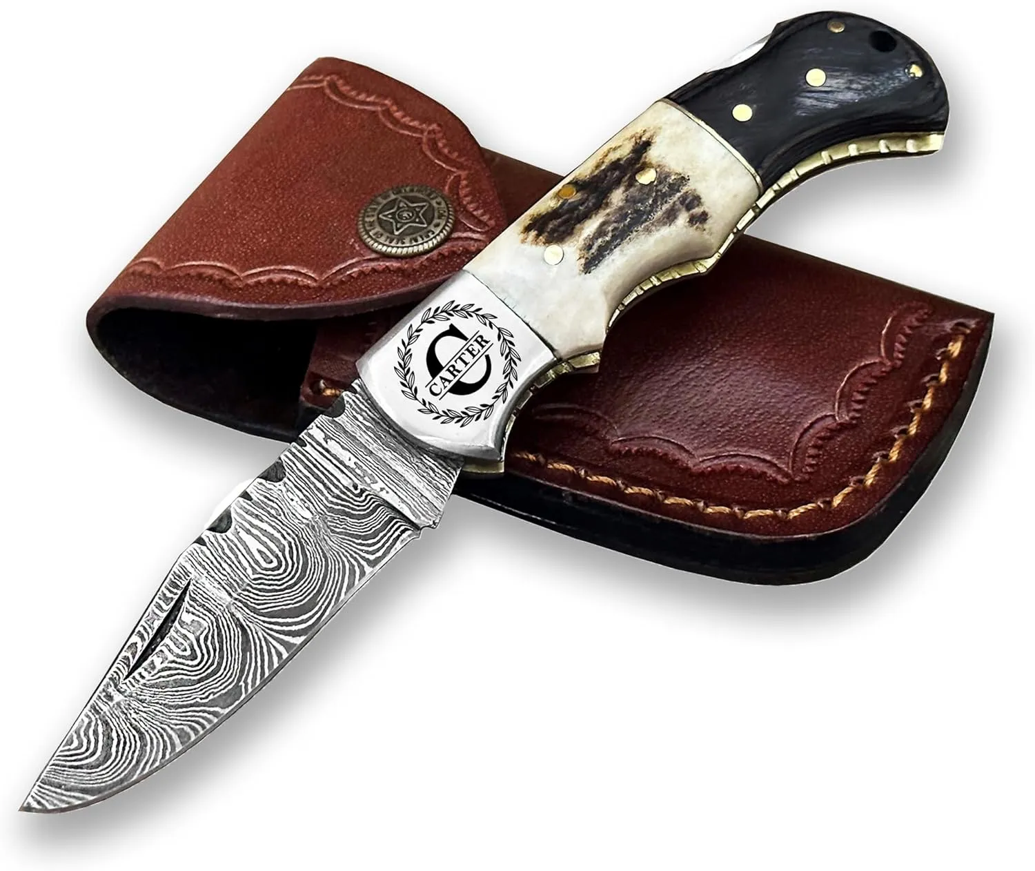 WINTERFELL Engraved Damascus Steel Folding Pocket Knife for Men with Leather Sheath, 100% Handmade Personalized Gifts for Husband, Dad, Boyfriend, Damascus Steel Groomsman Gift Knives