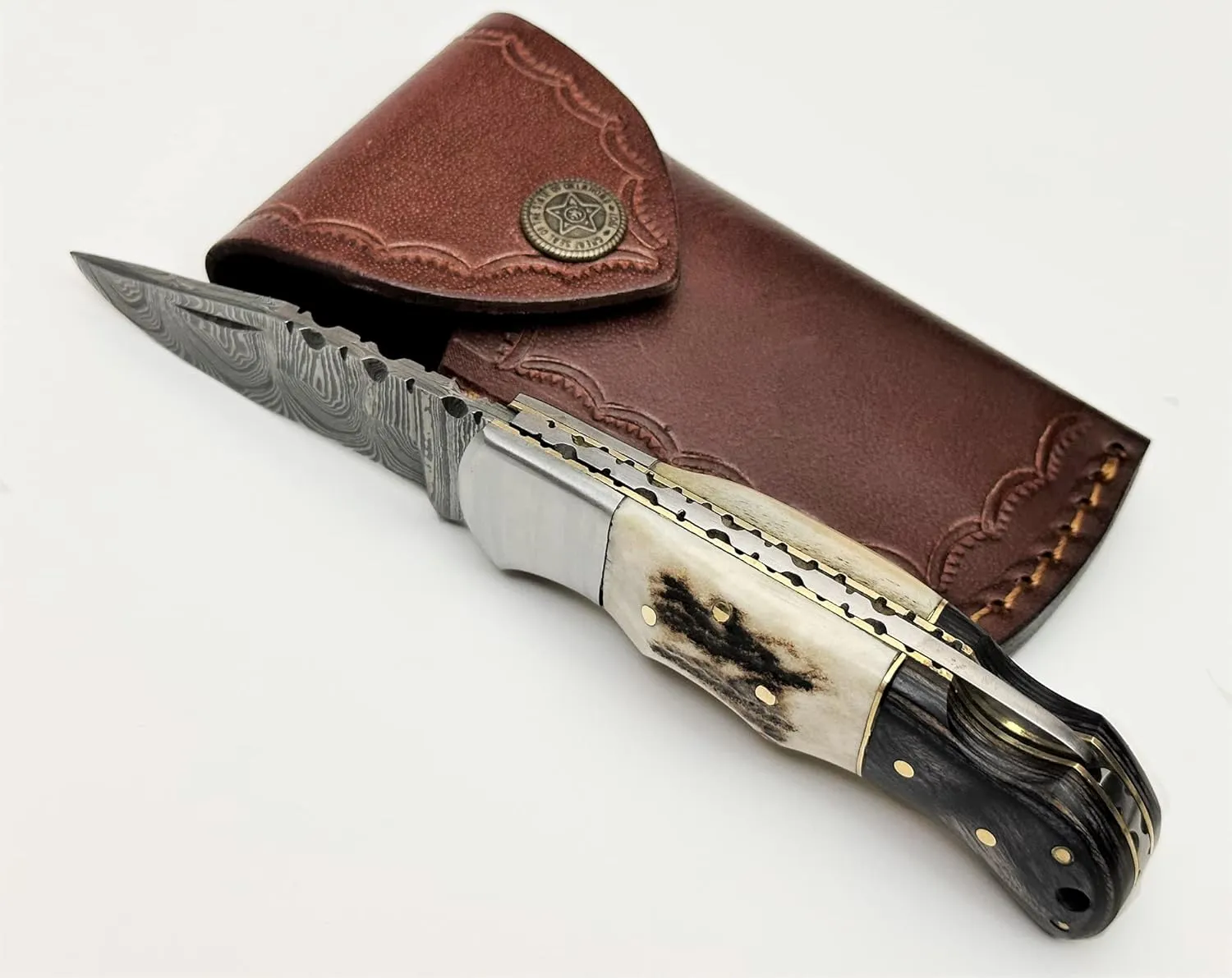 WINTERFELL Engraved Damascus Steel Folding Pocket Knife for Men with Leather Sheath, 100% Handmade Personalized Gifts for Husband, Dad, Boyfriend, Damascus Steel Groomsman Gift Knives