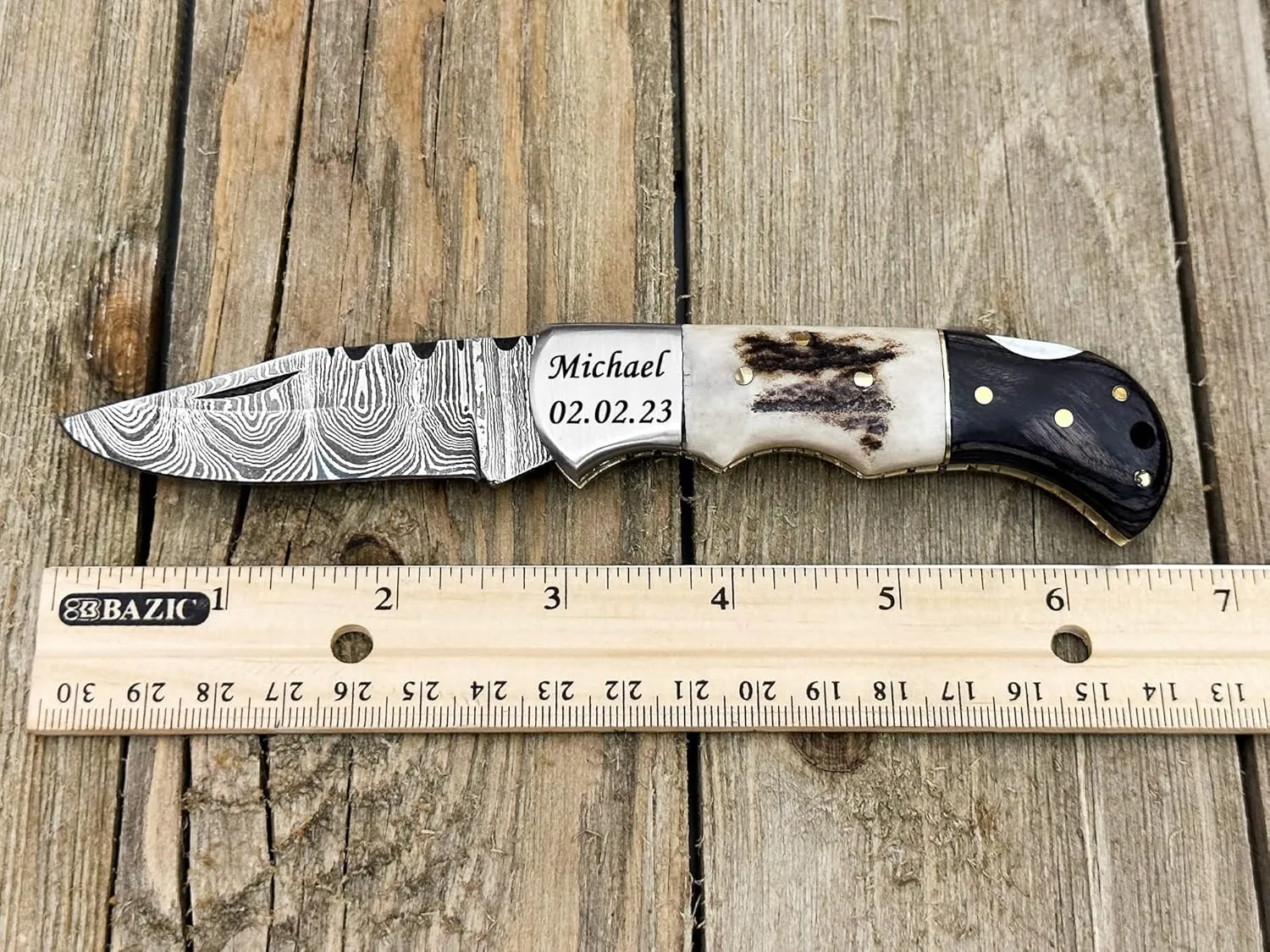 WINTERFELL Engraved Damascus Steel Folding Pocket Knife for Men with Leather Sheath, 100% Handmade Personalized Gifts for Husband, Dad, Boyfriend, Damascus Steel Groomsman Gift Knives