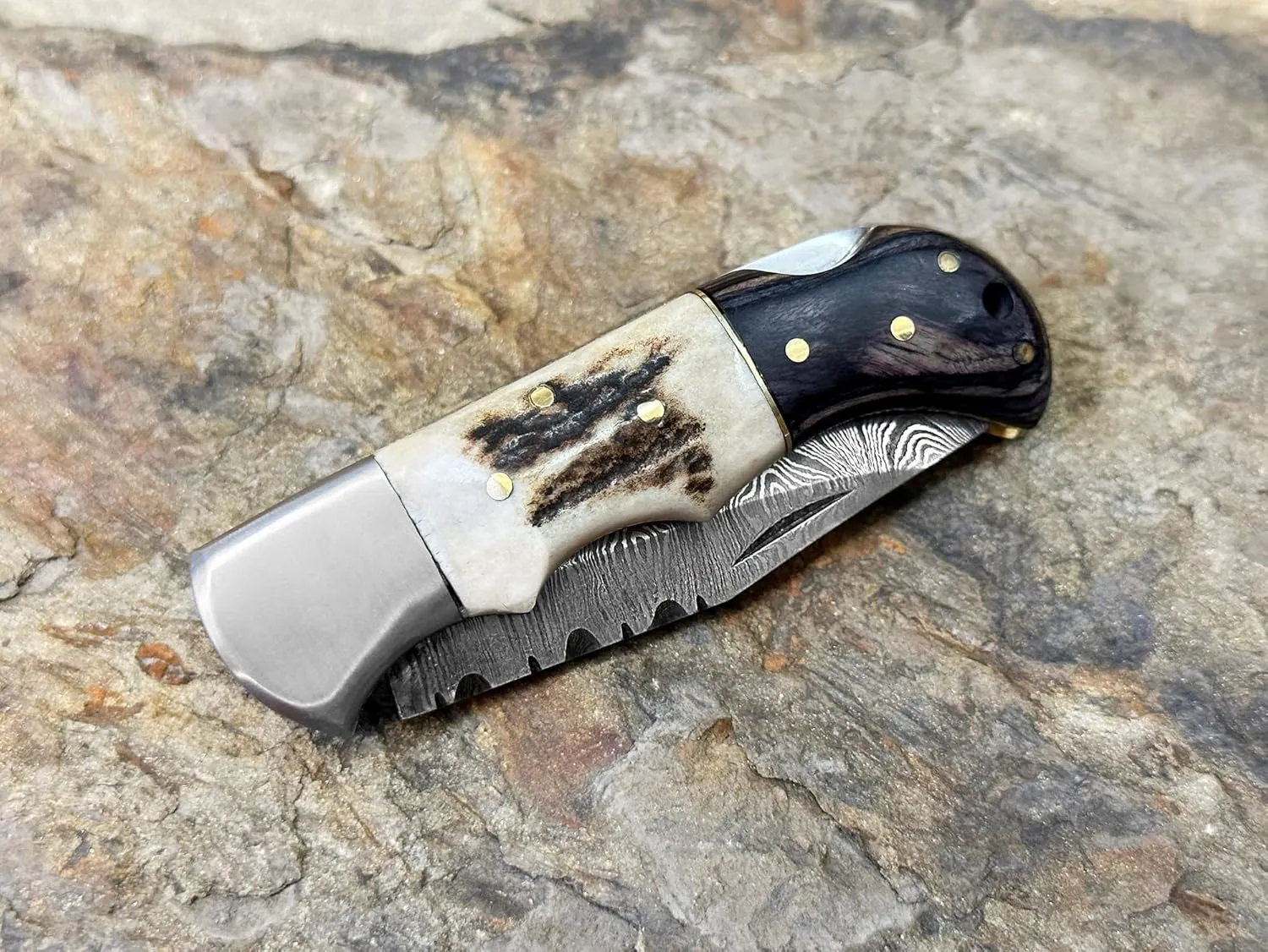 WINTERFELL Engraved Damascus Steel Folding Pocket Knife for Men with Leather Sheath, 100% Handmade Personalized Gifts for Husband, Dad, Boyfriend, Damascus Steel Groomsman Gift Knives