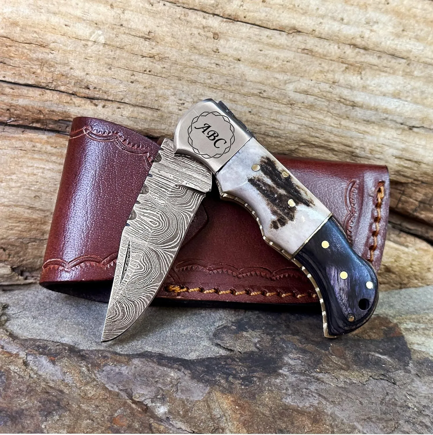 WINTERFELL Engraved Damascus Steel Folding Pocket Knife for Men with Leather Sheath, 100% Handmade Personalized Gifts for Husband, Dad, Boyfriend, Damascus Steel Groomsman Gift Knives