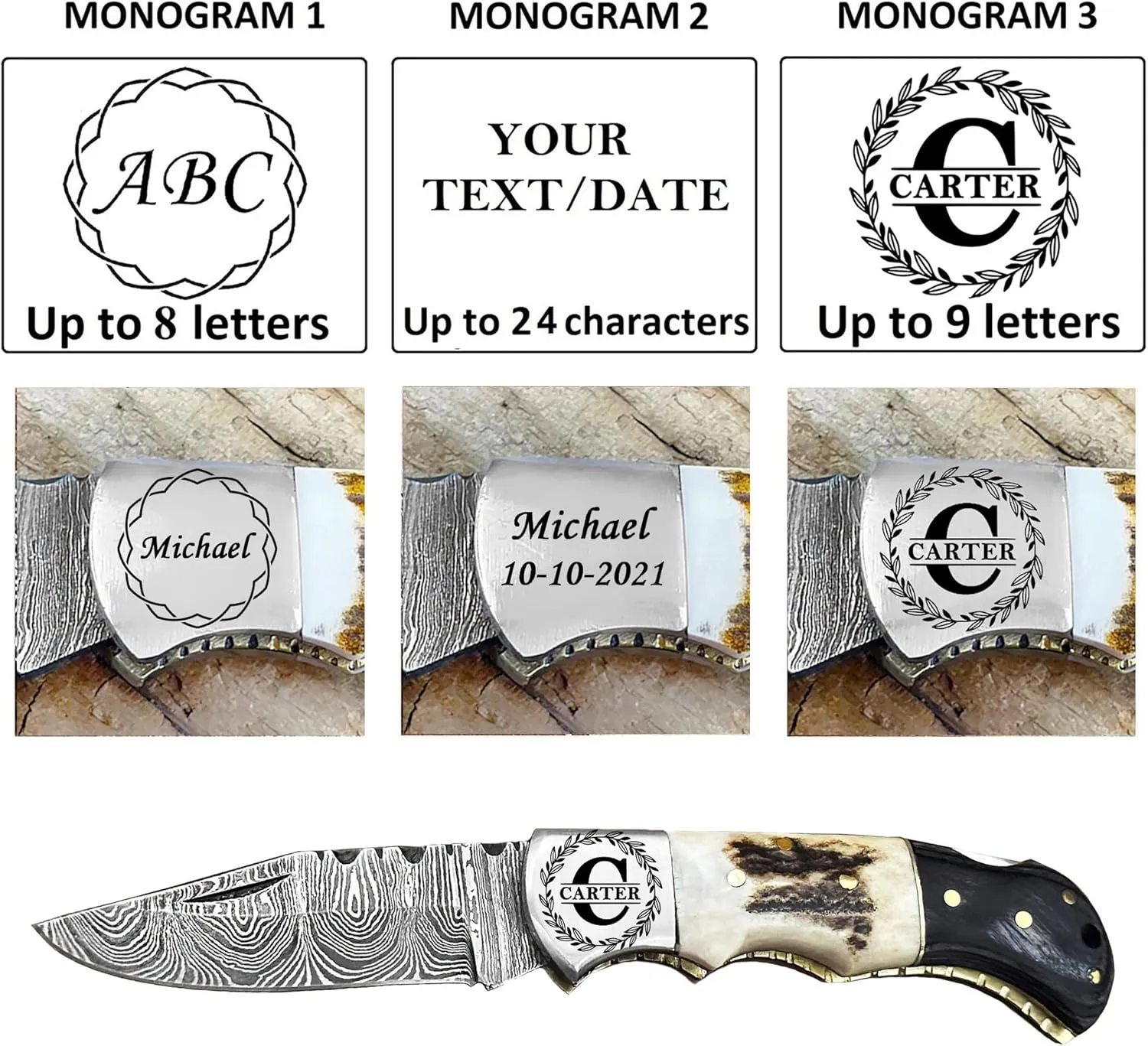 WINTERFELL Engraved Damascus Steel Folding Pocket Knife for Men with Leather Sheath, 100% Handmade Personalized Gifts for Husband, Dad, Boyfriend, Damascus Steel Groomsman Gift Knives