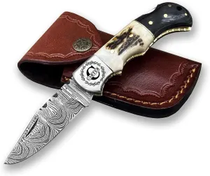 WINTERFELL Engraved Damascus Steel Folding Pocket Knife for Men with Leather Sheath, 100% Handmade Personalized Gifts for Husband, Dad, Boyfriend, Damascus Steel Groomsman Gift Knives