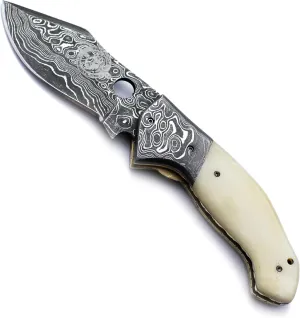 WÖLFKLINGE Damascus Handmade Folding Pocket Knife – The Ultimate EDC for Hunting, Survival, Camping, and Fishing with Bone Handle and Premium Cowhide Leather Sheath.