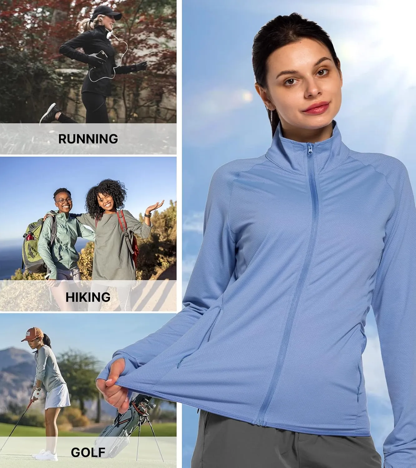 Women's UPF 50  Sun UV Protection Shirt Long Sleeve Lightweight SPF/UV Running Hiking Athletic Jacket with Zip Pockets
