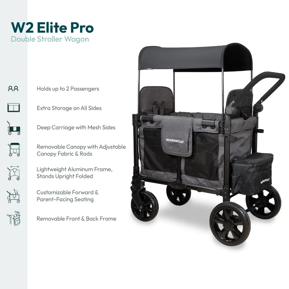 WONDERFOLD W2 Elite Pro Stroller Wagon (2 Seater) - Collapsible Wagon Stroller with Seats with 5-Point Harnesses, Adjustable Push Handle, and Adjustable Sun Canopy, Charcoal Gray
